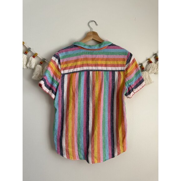 J. Crew 100% Linen Multicolor Rainbow V-Neck Short Sleeve Top Coastal Beachy S - Picture 2 of 9